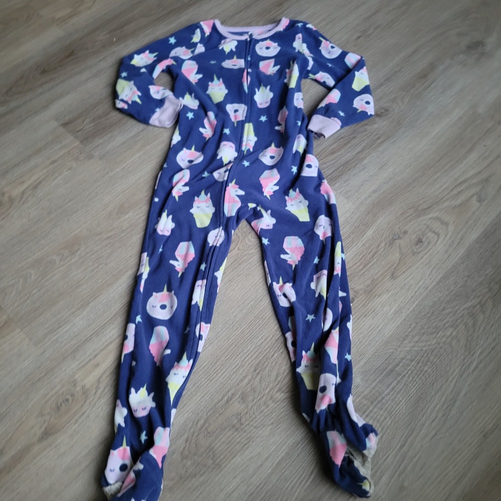 Carter's‎ Girls Footed Pajamas 5 Navy Blue Fleece Unicorn Cupcake Sleepwear